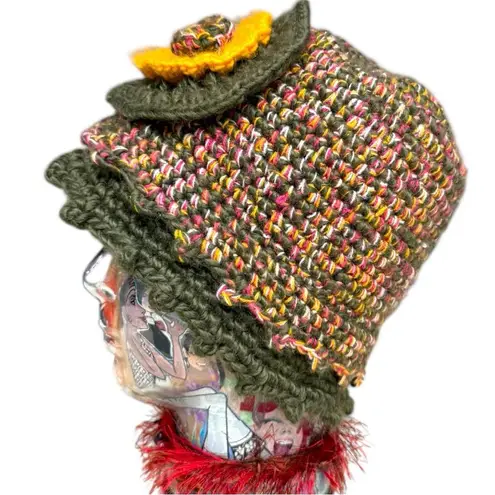 Madison 88 Crochet Flower Hat Madison Multicolor Knit Hat with Vintage Scarf Set Green