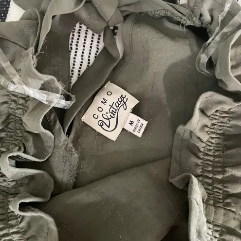 Como vintage Olive Green Ruffle Trim Top Bow Tie Neck Blouse Medium