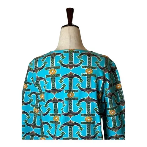 Tracy Negoshian Blue Anchor Print Half Button Front Long Sleeve Shift Dress M