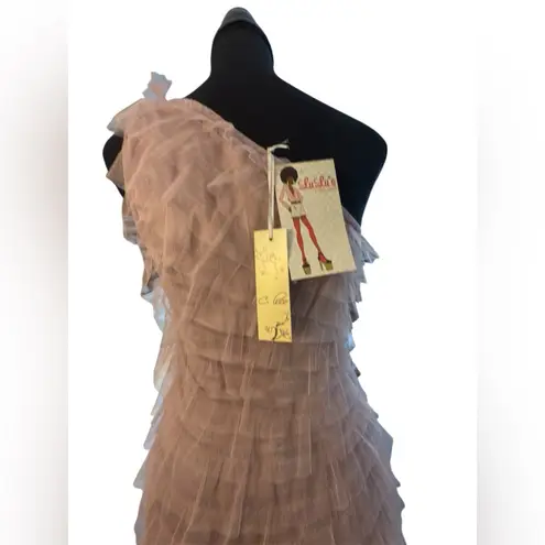 C. Luce Tan Pink One Shoulder Ruffled Cocktail Dress