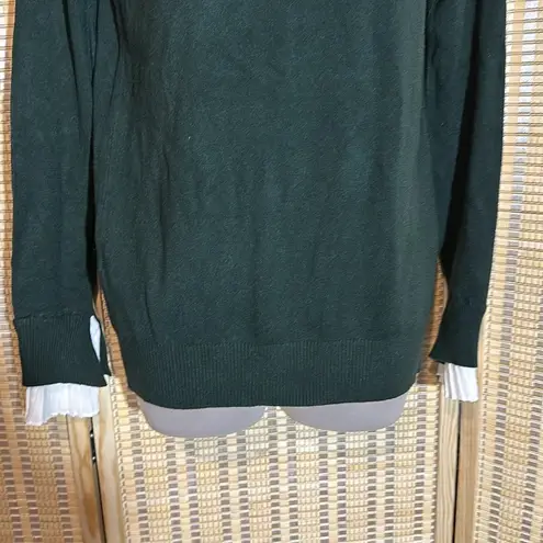 Vila Milano Dark Forest Green Sweater With White Faux Shirt Collar Cuffs Medium