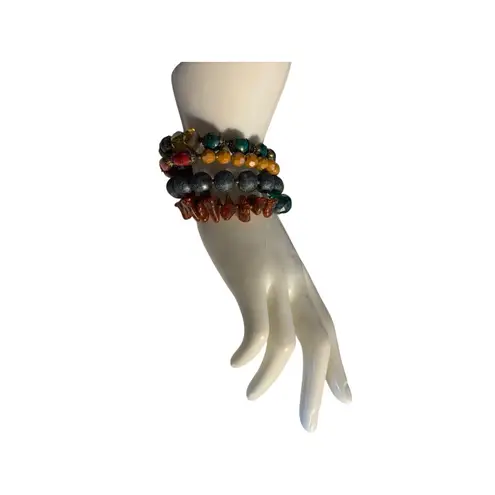 Colorful Multicolor Beaded Elastic Bracelet Set With Turquoise Red Amber & Yello