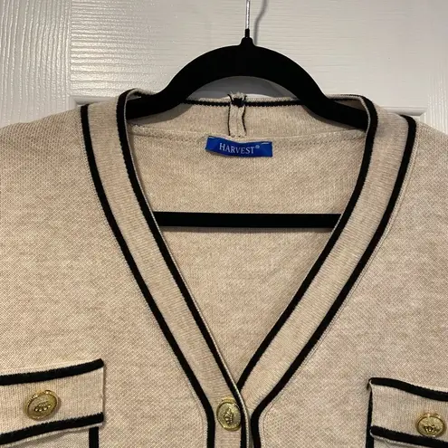 Harvest Size L Oatmeal Long Sleeve V Neck Gold Button Front Cardigan Black Trim Size L