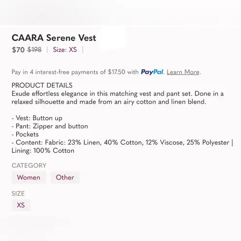 Caara Beige Linen Blend Buttoned Vest XS Tan