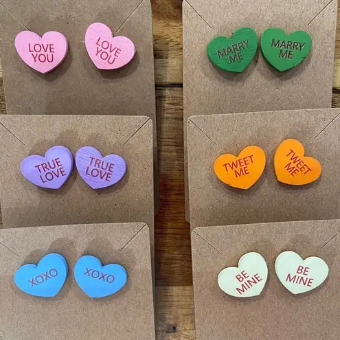 Valentine's Day Pink Confetti Wood Conversation Heart Earrings 1 Set Hand Made - Image 2
