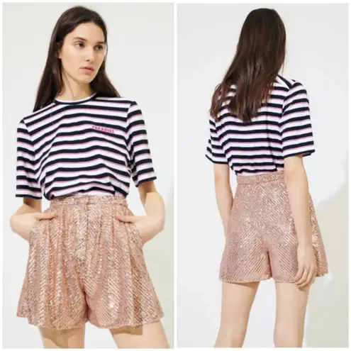 Maje 💕💕 Paillette Pleated Sequined Tulle Shorts High Rise ~ Metal Pink 34 NWT