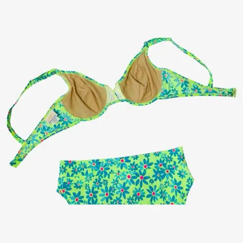 VINTAGE 90s SUNSETS Neon Floral Bikini Set Green Size L