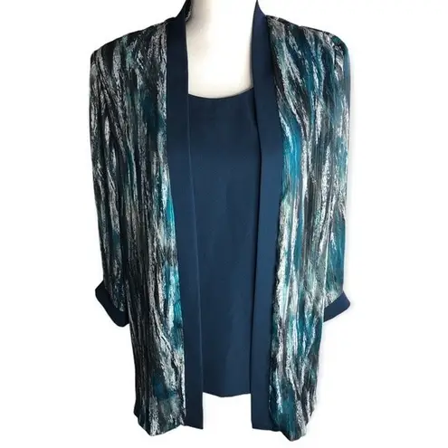 R & M Richards R&M Collection Blue Abstract Open Front Cardigan with Tank Top