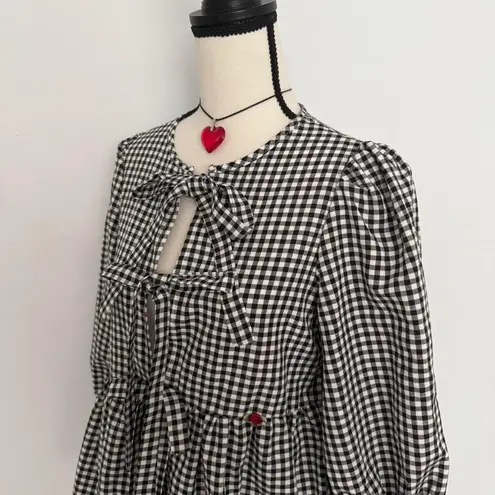 Boutique black & white gingham bow tie up blouse with mini red bows & red rosebuds
