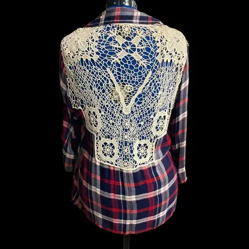 Justify Plaid Crochet Open Front Cardigan Shrug Large Red Blue White & Ivory