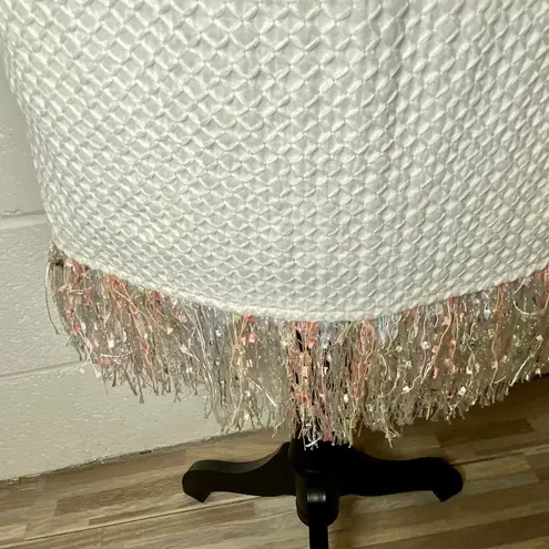 On Twelfth White Sleeveless Patterned Dress with Pastel Rainbow Fringe Hem