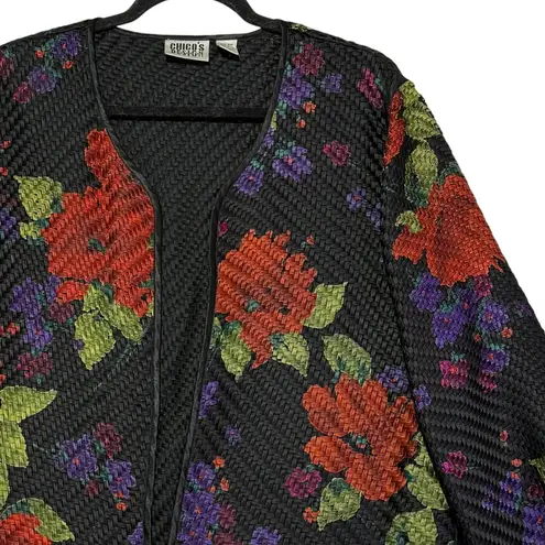 Chicos Design 100% Silk Woven Jacket Floral Print Black Red Green Purple Size 1