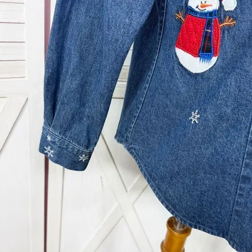 Westbound Snowman Appliqué Embroidered Denim Shirt Blue Medium Button Up