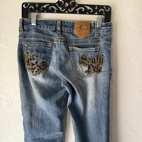 Southpole Y2K Embroidered Flare Jeans Size 7 Mid Rise Gold Stitching Distressed