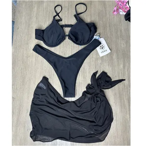 Cider Sea Underwire Bikini Set Black three piece top bottom sarong size L NWT