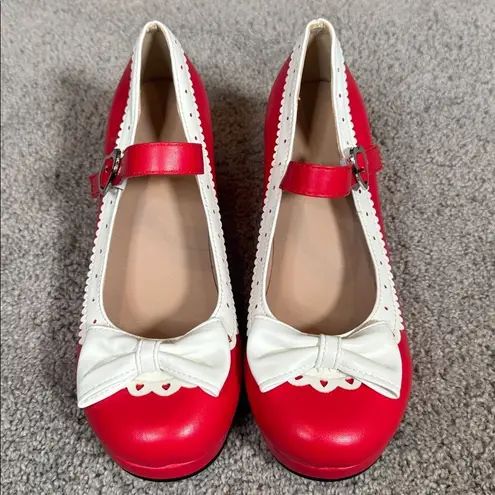 Women’s Red Chunky Heel Mary Jane Pumps Cute Bow & Hearts Round Toe Size 6 Red