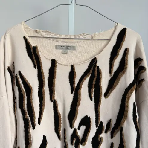 AllSaints Scar Sweatshirt XS cut off neckline Animal Print Cotton Blend Pullover Tan