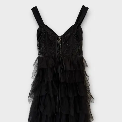 Blondie Nites "Charlotte" Long Mesh Off the Shoulder Ruffle Skirt Dress Size 13