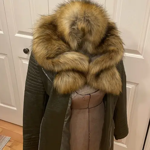 Love Token olive green vegan leather with faux fur removable collar moto jacket Size M