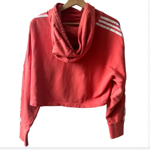 Adidas  salmon cropped hoodie with white long sleeve stripes, size small