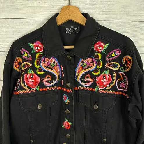 carole little Sport Women 4 Embroidered Beaded Oversized Denim Jacket Boho Artsy