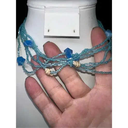 Mermaid Multi Strand Seed Bead, Crystal and Shell Statement Necklace Blue