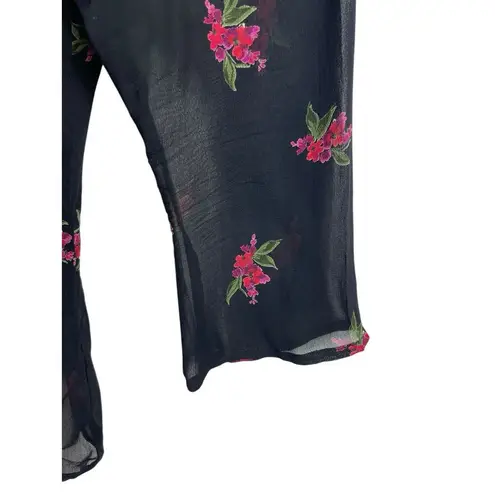 VTG Dressbarn Black Sheer Red Floral Open Tie Front L Top 90s Y2K Size L