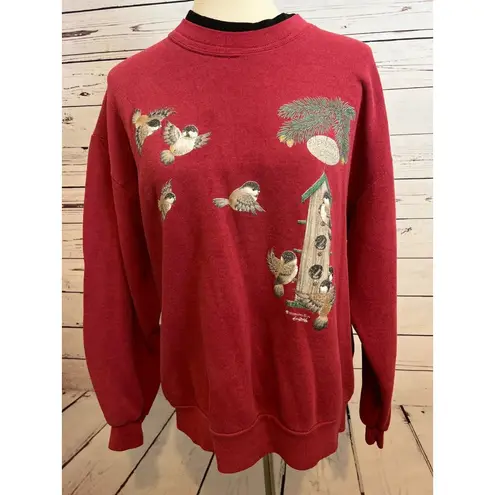 Morning Sun Sweatshirt Pullover Large Every Birdie Welcome Birds Vtg Vintage Red