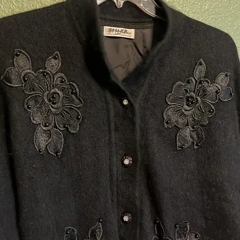 Vintage FA fashion korea cardigan Sweater Angora with Embroidered floral Details Black Size XL
