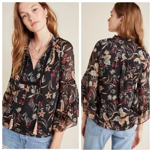 Maeve  Anthropologie Odette Black Floral Crochet Ruffle Sleeve Blouse Top Sz S