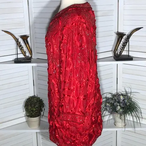 Roaman's Vintage Red Silk Beaded Sequin Rhinestone Blazer Coat 2X