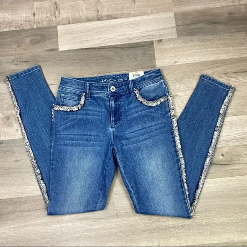INC International Concepts Skinny Jeans Tweed Fringe Side Mid Rise Size 0 NWT Blue