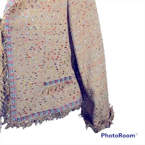 Bergamo Studio Tan Boucle Tweed Confetti Fringe Blazer | Size Medium