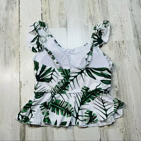 None Palm Leaf Ruffled Peplum Tankini Swimsuit with High Waisted Striped Bottoms