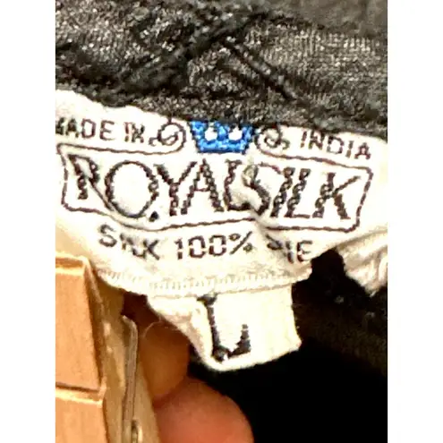 Royal Silk Vintage Large Black 100% Silk Crinkle Grid Blouse Cap Sleeve Minimali