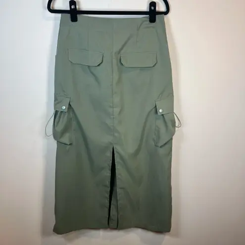 Gilipur Women Cargo Maxi Skirt Olive Green Pockets Slit Adjustable Skater Medium