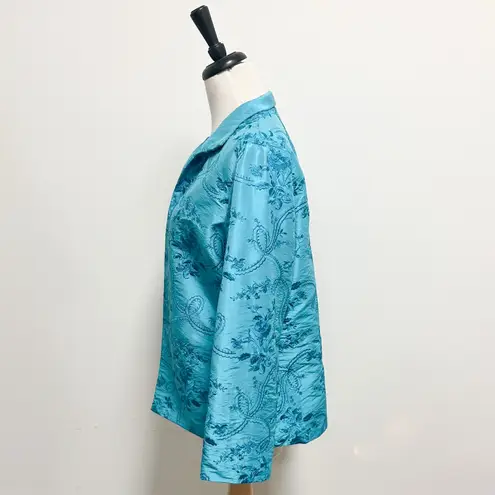 Grace Chuang Turquoise Blue Satin Floral Embroidered Open Front Short Jacket Size L