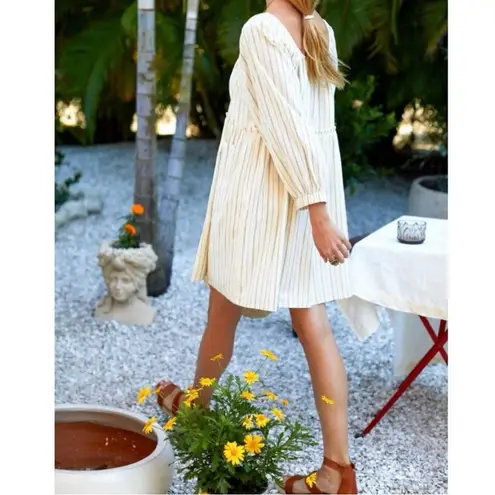 EMERSON FRY Jasmine Button Down Dress, Ivory Hemp Stripe Organic, Large Blue