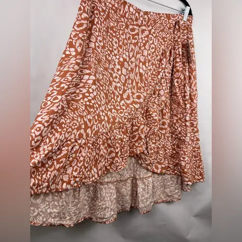 SO , Wrap Midi Skirt, Brown Pink Animal Print, Rayon, Boho Flowy Cottagecore