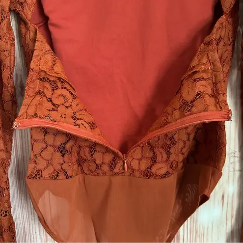 Endless Rose Rust Brown Lace Open Back Flare Sleeve Bodysuit Size XS