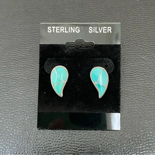 Sterling Silver Vintage STR.SII Turquoise Inlay Comma Teardrop Post Earrings