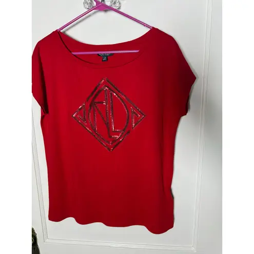 Ralph Lauren Lauren Ralph Sequined Art Deco Cotton Blend T-Shirt Lipstick Red Women's Large