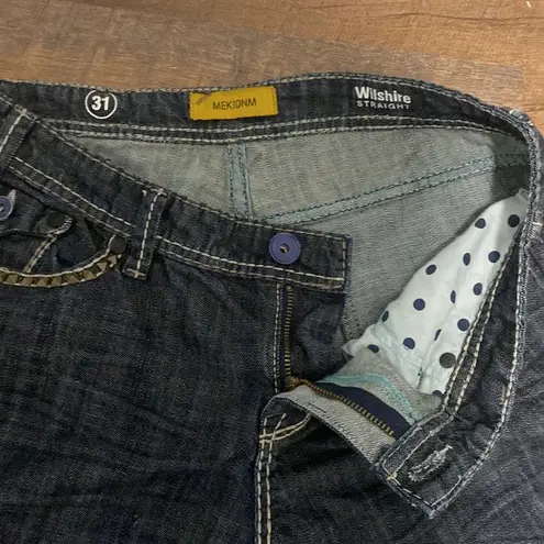 MEK USA WILSHIRE STRAIGHT LOW RISE FLARE LEG DARK WASH TOP STITCHING EMBELLISHED Blue Size 31