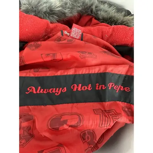 Pepe Jeans London UK red black removable hood full length puffer jacket Size S