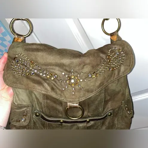 Kathy Van Zeeland Studded Olive Green/Gold Speckled Y2k Messenger Crossbody Bag