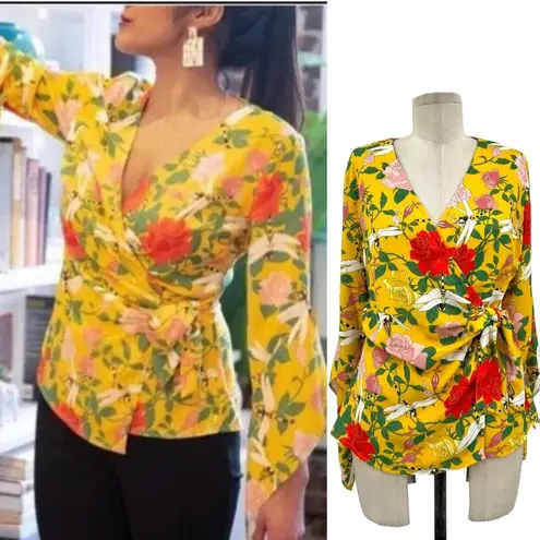 Betabrand Perfect Blouse Wrap Top in Dragonfly Floral Print Yellow Size Medium