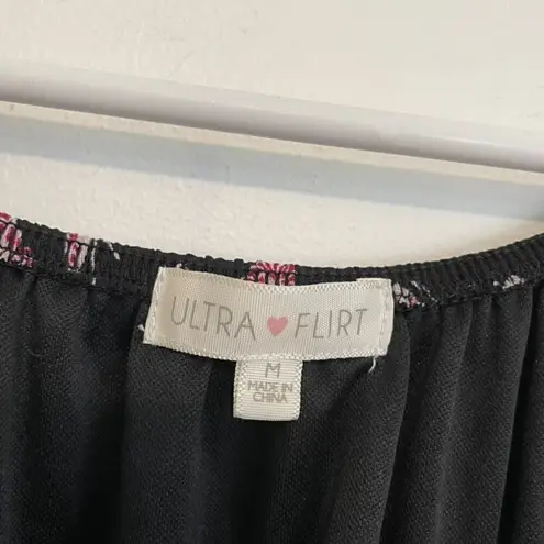 Ultra Flirt Black Burgundy Butterfly Print Mesh Tie Neck Y2K Ruched Mini Dress M