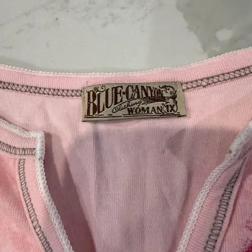 Y2K Blue Canyon Henley Top Women’s 1X Pink Floral Bird Print Rhinestone V Neck