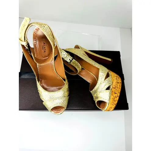 Alaïa Gold Snake Embossed Leather Platform High Heel Sandals EU 36.5 Luxury Size 6.5
