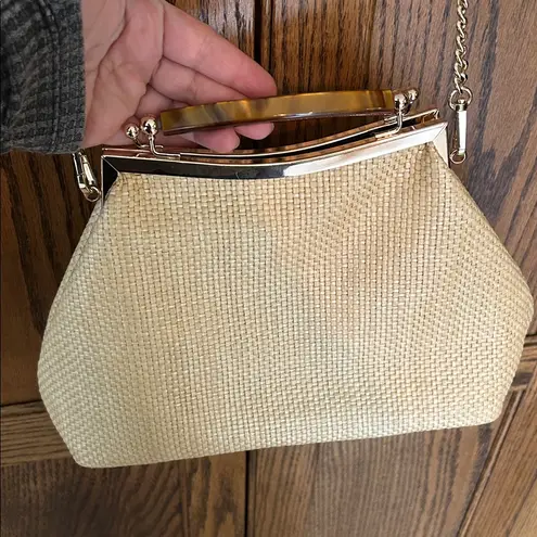 Stella Bianca leather straw crossbody bag purse gold chain Tan
